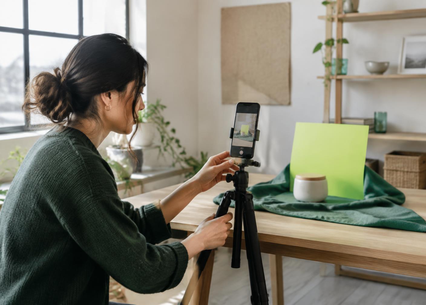A creator producing product content with a phone
