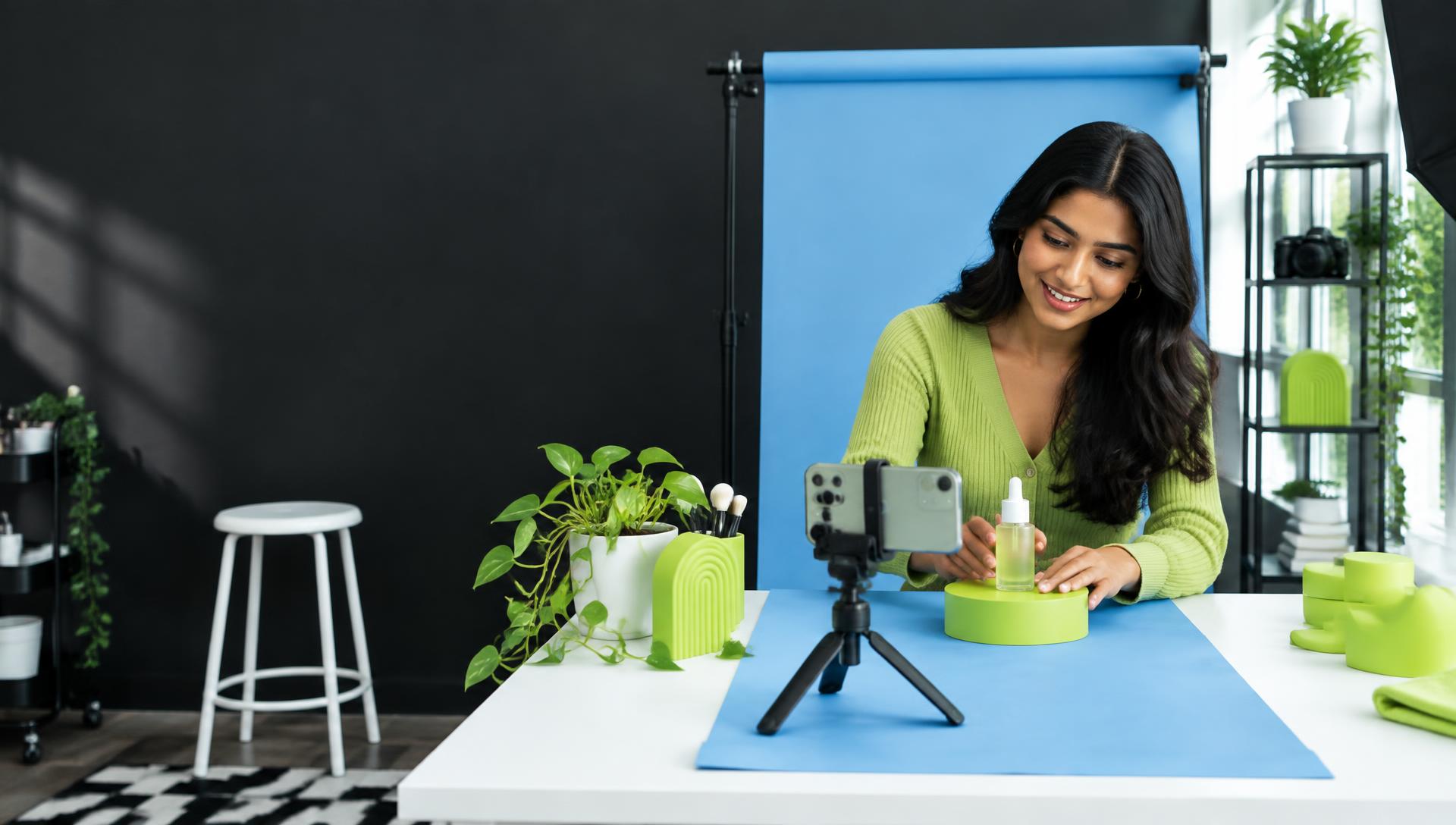 Illustrative studio scene of a UGC creator filming a skincare product with a smartphone